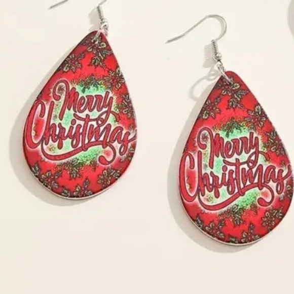 Whimsical Merry Christmas Teardrop Wooden Drop Dangle Earrings - Picture 3 of 5